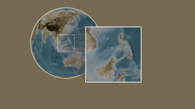 Bugsuk Adası. Sulu Denizi - Filipinler - Filipinler - Sulu Denizi 'nde iki adımlık bir kaydırak çerçeve ekstraksiyonu kullanılarak sepia renkli bir yükseklik haritasında konumun sunumu