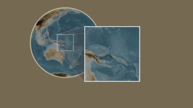 Buka Adası. Süleyman Denizi 'ndeki iki basamaklı kaydırma iskeleti kullanarak sepya renginde bir yükseklik haritasında konumun sunumu - Papua Yeni Gine