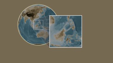 Pulau Bum Adası. Konumun, Celebes Denizi 'ndeki kaydırak gibi iki adımlık çerçeve ekstraksiyonu kullanılarak sepya renkli bir yükseklik haritasında sunumu - Malezya