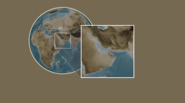 Dubai Adası 'nda. Basra Körfezi Birleşik Arap Emirlikleri 'nde iki adımlık kaydırma iskeleti ekstraksiyonu kullanılarak sepya renkli bir yükseklik haritasında konumun sunumu