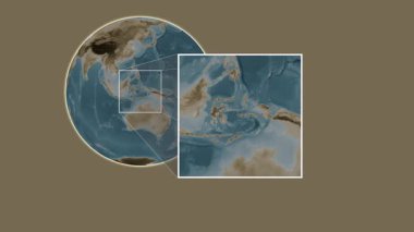 Pulau Buru Adası. Banda Denizi - Endonezya - Endonezya - Banda Denizi 'ndeki iki basamaklı kaydırak çerçeve ekstraksiyonu kullanılarak sepya renkli bir yükseklik haritasında konumun sunumu