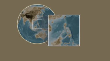 Busuanga Adası. Sulu Denizi - Filipinler - Filipinler - Sulu Denizi 'nde iki adımlık bir kaydırak çerçeve ekstraksiyonu kullanılarak sepia renkli bir yükseklik haritasında konumun sunumu