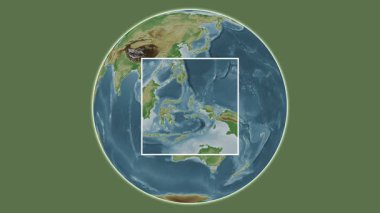 Pulau Bacan Adası. Konumun Molukka Denizi - Endonezya 'da merkezli iki adımlı çerçeve çıkarımı kullanılarak renkli bir yükseklik haritasında sunulması