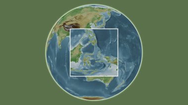 Pulau Bangka Adası. Konumun Celebes Denizi - Endonezya 'da merkezli iki adımlı çerçeve ekstraksiyonu kullanılarak renkli bir yükseklik haritasında sunumu