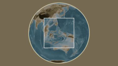 Pulau Bacan Adası. Molukka Denizi - Endonezya 'da merkezli iki basamaklı çerçeve çıkarma kullanılarak sepya renkli bir yükseklik haritasında konumun sunumu