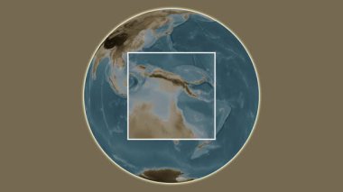 Badu Adası. Mercan Denizi 'nde merkezli iki adım kare çıkarma kullanılarak sepya renginde bir yükseklik haritasında sunuluyor - Avustralya