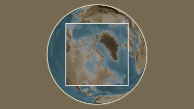 Baffin Adası. Hudson Boğazı 'ndaki merkezli iki basamaklı kare çıkartma kullanılarak yapılan sepya renkli yükseklik haritasında konumun sunumu - Kanada