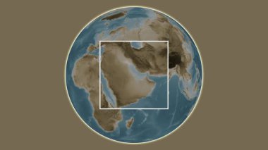 Bahreyn Adası. Basra Körfezi - Bahreyn bölgesindeki merkezli iki adımlık çerçeve çıkarımı kullanılarak sepia renkli bir yükseklik haritasında konumun sunumu