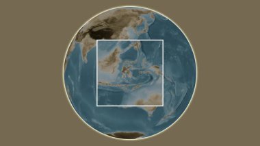 Pulau Bahubulu Adası. Banda Denizi - Endonezya 'da merkezli iki basamaklı çerçeve çıkarma kullanılarak sepya renkli bir yükseklik haritasında konumun sunumu