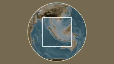 Pulau Bakung Adası. Güney Çin Denizi - Endonezya Denizi 'nde merkezli iki adımlı çerçeve çıkarma kullanılarak sepya renkli bir yükseklik haritasında konumun sunumu