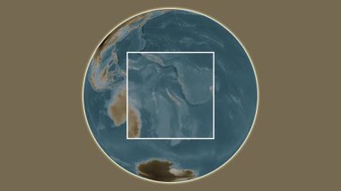 Ile Balabio Adası. Yerin mercan denizinde merkezli iki adım kare çıkartma kullanılarak sepya renginde bir yükseklik haritasında sunumu - Fransa