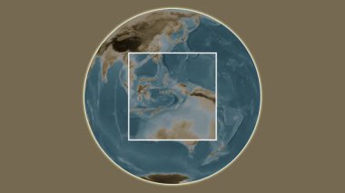 Pulau Banda Besar Adası. Banda Denizi - Endonezya 'da merkezli iki basamaklı çerçeve çıkarma kullanılarak sepya renkli bir yükseklik haritasında konumun sunumu