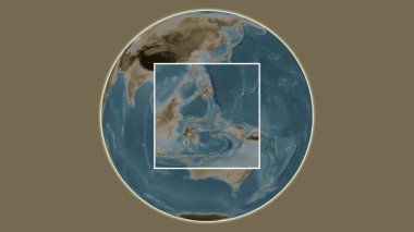 Pulau Bangka Adası. Konumun, Celebes Denizi 'ndeki merkezli iki adımlık çerçeve çıkarımı kullanılarak sepya renkli bir yükseklik haritasında sunulması - Endonezya