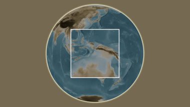 Pulau Barakan Adası. Arafura Denizi - Endonezya 'da merkezli iki basamaklı çerçeve çıkarma kullanılarak sepya renkli bir yükseklik haritasında konumun sunumu