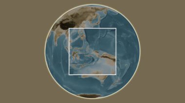 Pulau Batanta Adası. Yerin, Halmahera Denizi - Endonezya 'da merkezli iki adımlık çerçeve çıkarımı kullanılarak sepya renkli bir yükseklik haritasında sunulması