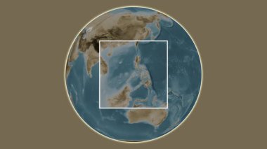 Batas Adası. Sulu Denizi 'ndeki merkezli iki adımlık çerçeve çıkarımı kullanılarak sepya renginde bir yükseklik haritasında sunuluyor - Filipinler