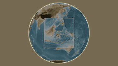 Pulau Batudaka Adası. Konumun, Tomini Körfezi - Endonezya Körfezi 'ndeki merkezli iki basamaklı çerçeve çıkarma kullanılarak sepya renkli bir yükseklik haritasında sunulması