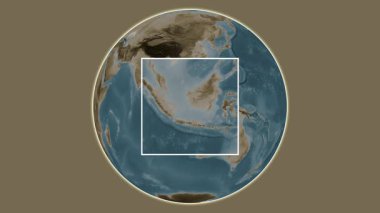 Pulau Bawal Adası. Güney Çin Denizi - Endonezya Denizi 'nde merkezli iki adımlı çerçeve çıkarma kullanılarak sepya renkli bir yükseklik haritasında konumun sunumu