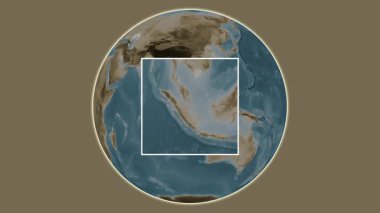 Pulau Belat Adası. Güney Çin Denizi - Endonezya Denizi 'nde merkezli iki adımlı çerçeve çıkarma kullanılarak sepya renkli bir yükseklik haritasında konumun sunumu