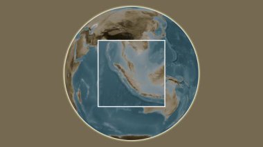 Pulau Bengkalis Adası. Malacca Boğazı - Endonezya - Endonezya merkezli iki adımlı çerçeve çıkarımı kullanılarak sepya renkli bir yükseklik haritasında konumun sunumu