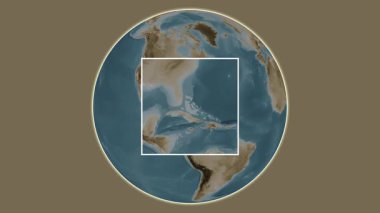 Big Wood Cay Adası. Kuzey Atlantik Okyanusu 'ndaki merkezli iki basamaklı kare çıkarma kullanılarak yapılan sepya renkli yükseklik haritasının sunumu - Bahamalar