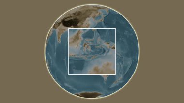 Pulau Binongko Adası. Banda Denizi - Endonezya 'da merkezli iki basamaklı çerçeve çıkarma kullanılarak sepya renkli bir yükseklik haritasında konumun sunumu