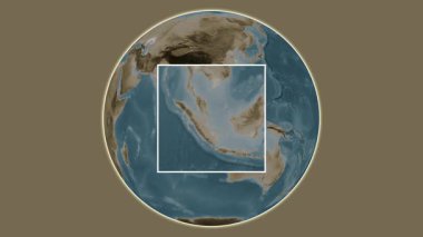 Pulau Bintan Adası. Singapur Boğazı - Endonezya - Singapur Boğazı 'ndaki merkezli iki adımlı çerçeve çıkarımı kullanılarak sepia renkli bir yükseklik haritasında konumun sunumu