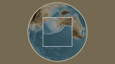 Kuş Adası. Amerika Birleşik Devletleri, Alaska Körfezi 'ndeki merkezli iki adımlı kare çıkartma kullanılarak sepya renginde bir yükseklik haritasında yer almaktadır.