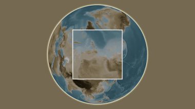 Bolşoy Begichev Adası. Yerin Laptev Denizi 'ndeki merkezli iki adım kare çıkartma kullanılarak sepya renginde bir yükseklik haritasında sunumu - Rusya