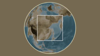 Bolshoy Shantar Adası. Yerin, Okhotsk - Rusya Denizi 'ndeki merkezli iki basamaklı çerçeve çıkarımı kullanılarak sepya renkli bir yükseklik haritasında sunulması