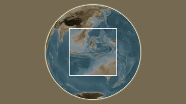 Pulau Bonerate Adası. Flores Denizi - Endonezya 'da merkezli iki basamaklı çerçeve çıkarma kullanılarak sepya renkli bir yükseklik haritasında konumun sunumu