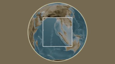 Pulau Breueh Adası. Andaman ya da Burma Denizi - Endonezya 'da merkezli iki adımlık çerçeve çıkarımı kullanılarak sepya renkli bir yükseklik haritasında konumun sunumu