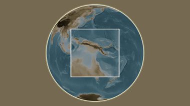 Bristow Adası. Mercan Denizi 'ndeki merkezli iki basamaklı iskelet çıkarımı kullanılarak yapılan sepya renkli yükseklik haritasında konumun sunumu - Papua Yeni Gine