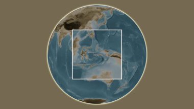 Pulau Buano Adası. Banda Denizi - Endonezya 'da merkezli iki basamaklı çerçeve çıkarma kullanılarak sepya renkli bir yükseklik haritasında konumun sunumu