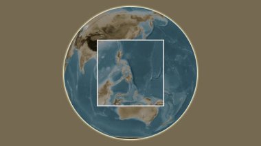 Bucas Grande Adası. Filipinler - Filipinler - Filipinler 'de merkezli iki basamaklı çerçeve çıkarma kullanılarak sepia renkli bir yükseklik haritasında konumun sunumu