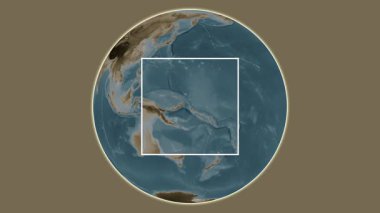 Buka Adası. Süleyman Denizi 'ndeki merkezli iki basamaklı kare çıkarımı kullanılarak yapılan sepya renkli yükseklik haritasında konumun sunumu - Papua Yeni Gine