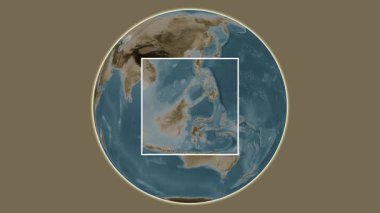 Pulau Bum Adası. Konumun, Celebes Denizi 'nde merkezli iki adımlık çerçeve çıkarımı kullanılarak sepya renkli bir yükseklik haritasında sunumu - Malezya