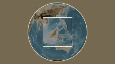 Pulau Bunyu Adası. Konumun, Celebes Denizi 'ndeki merkezli iki adımlık çerçeve çıkarımı kullanılarak sepya renkli bir yükseklik haritasında sunulması - Endonezya