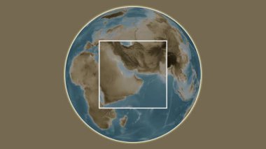 Dubai Adası 'nda. Basra Körfezi Birleşik Arap Emirlikleri 'nde merkezli iki adımlı kare çıkartma kullanılarak sepya renkli bir yükseklik haritasında konumun sunumu