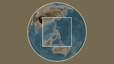 Burias Adası. Filipinler - Filipinler - Filipinler 'de merkezli iki basamaklı çerçeve çıkarma kullanılarak sepia renkli bir yükseklik haritasında konumun sunumu