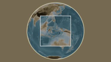 Pulau Buru Adası. Banda Denizi - Endonezya 'da merkezli iki basamaklı çerçeve çıkarma kullanılarak sepya renkli bir yükseklik haritasında konumun sunumu