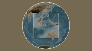 Buton Adası. Banda Denizi - Endonezya 'da merkezli iki basamaklı çerçeve çıkarma kullanılarak sepya renkli bir yükseklik haritasında konumun sunumu