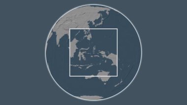 Pulau Bisa Adası. Konumun, Halmahera Denizi - Endonezya 'da merkezli iki adımlı çerçeve çıkarımı kullanılarak, çelik renkli bir yükseklik haritasında sunulması