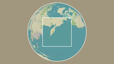 Bering Adası. Yerin yeri, Bering Denizi 'ndeki merkezli iki adımlık çerçeve çıkarımı kullanılarak bir OpenStreet haritasında sunuluyor - Rusya