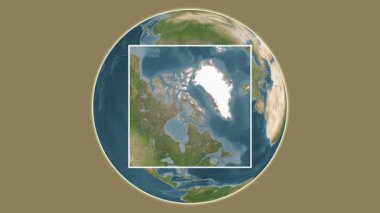 Baffin Adası. Hudson Boğazı 'ndaki merkezli iki adımlık çerçeve çıkarımı kullanılarak bir uydu haritasında konumun sunumu - Kanada