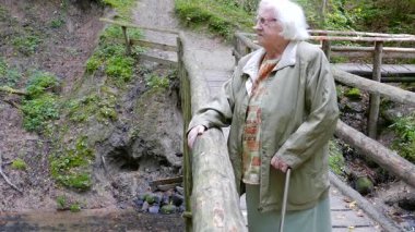 Aktif kıdemli kadın ormanda bir tahta köprüye yürümek.