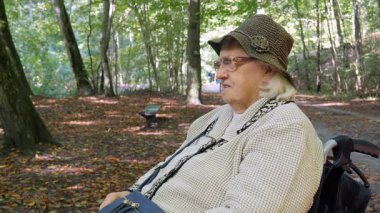 Parkta tekerlekli sandalyede yaşlı kadın