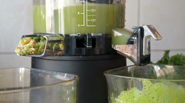 Yeşil meyve suyu. Yavaş meyve sıkacağı lahana, nane ve elma suyu yapıyor