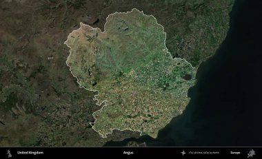 Angus. Birleşik Krallık 'ın idari alanı karartılmış bir uydu üzerinde vurgulanmış ve özetlenmiştir.