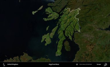 Argyll ve Bute. Birleşik Krallık 'ın idari alanı karartılmış bir uydu üzerinde vurgulanmış ve özetlenmiştir.